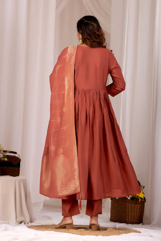 Rust Embroidery Neck Design Cotton Anarkali Suit Set for Women With Jacquard Dupatta