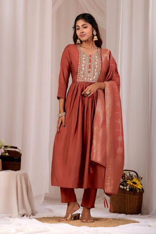 Rust Embroidery Neck Design Cotton Anarkali Suit Set for Women With Jacquard Dupatta