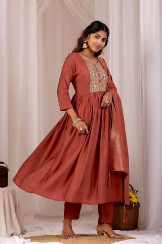 Rust Embroidery Neck Design Cotton Anarkali Suit Set for Women With Jacquard Dupatta