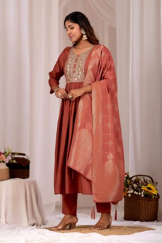 Rust Embroidery Neck Design Cotton Anarkali Suit Set for Women With Jacquard Dupatta