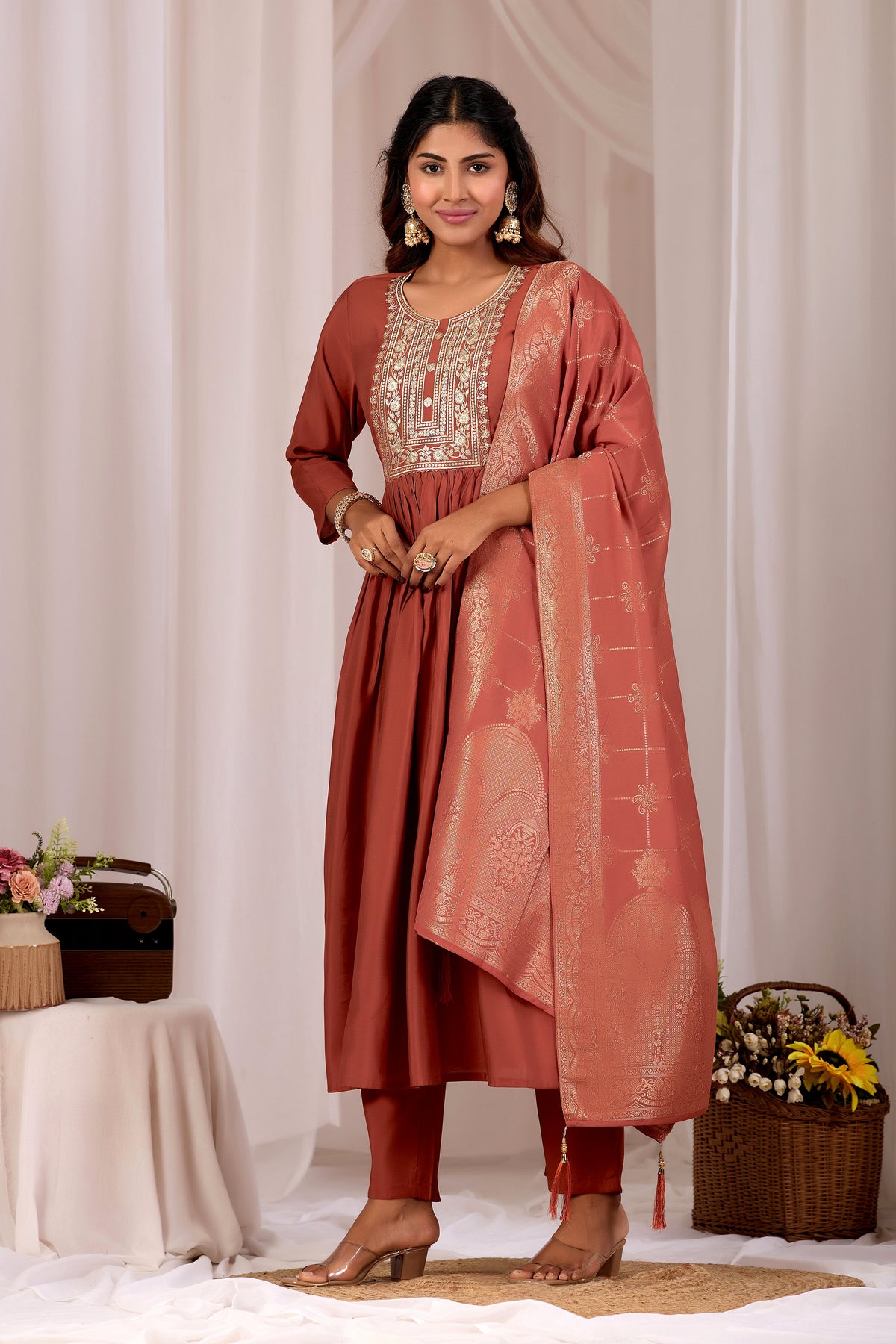 Rust Embroidery Neck Design Cotton Anarkali Suit Set for Women With Jacquard Dupatta
