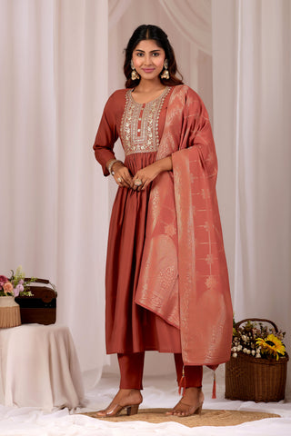 Rust Embroidery Neck Design Cotton Anarkali Suit Set for Women With Jacquard Dupatta