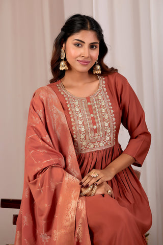 Rust Embroidery Neck Design Cotton Anarkali Suit Set for Women With Jacquard Dupatta