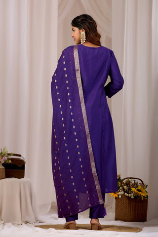 Royal Blue Embroidery Neck Design Cotton A-Line Kurta Set for Women With Dupatta