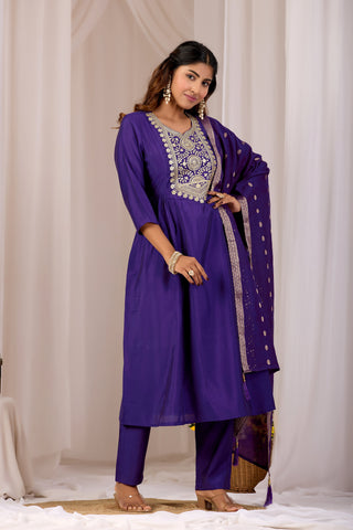 Royal Blue Embroidery Neck Design Cotton A-Line Kurta Set for Women With Dupatta