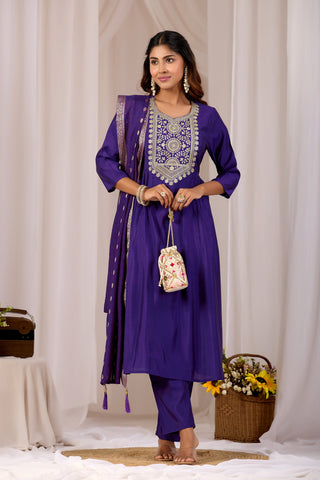Royal Blue Embroidery Neck Design Cotton A-Line Kurta Set for Women With Dupatta