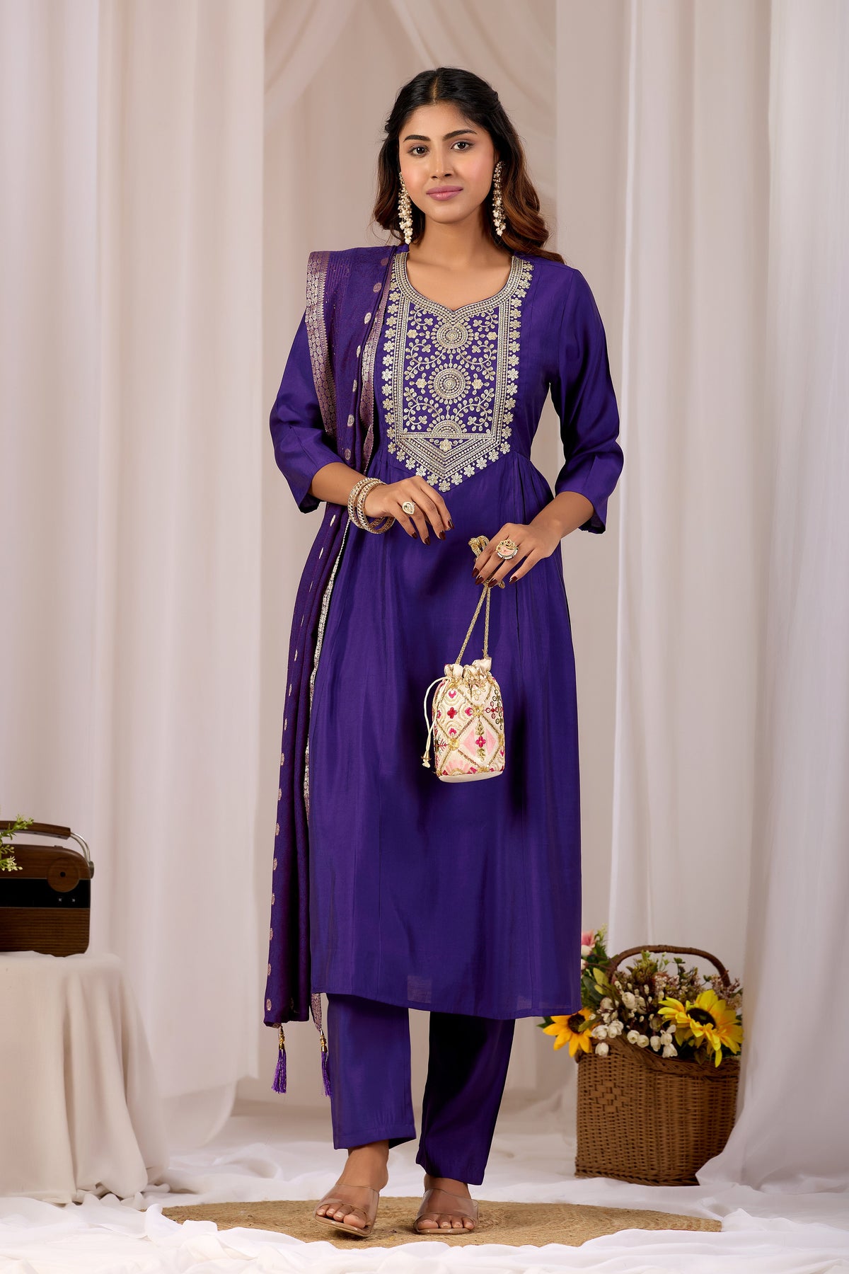 Royal Blue Embroidery Neck Design Cotton A-Line Kurta Set for Women With Dupatta