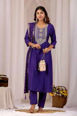 Royal Blue Embroidery Neck Design Cotton A-Line Kurta Set for Women With Dupatta
