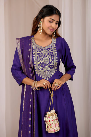 Royal Blue Embroidery Neck Design Cotton A-Line Kurta Set for Women With Dupatta