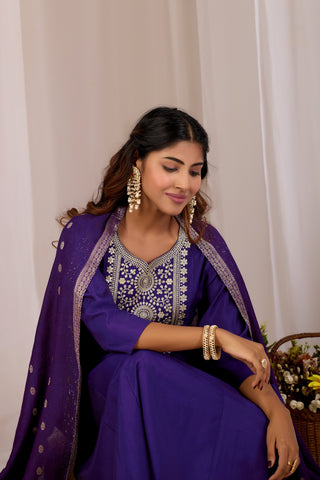 Royal Blue Embroidery Neck Design Cotton A-Line Kurta Set for Women With Dupatta