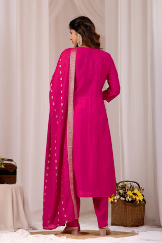 Rani Pink Embroidery Cotton A-Line Kurta Set for Women With Dupatta