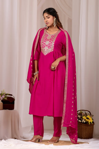 Rani Pink Embroidery Cotton A-Line Kurta Set for Women With Dupatta