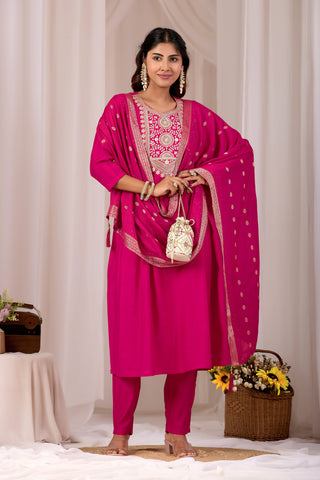 Rani Pink Embroidery Cotton A-Line Kurta Set for Women With Dupatta