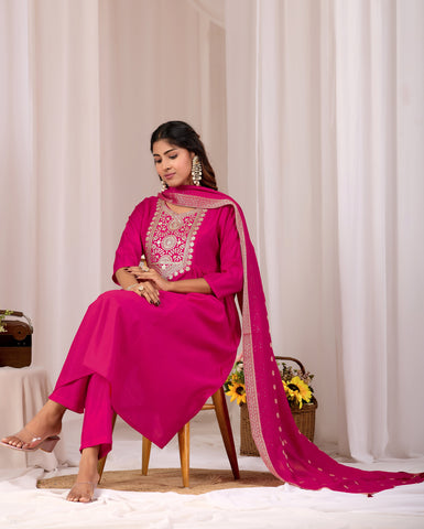 Rani Pink Embroidery Cotton A-Line Kurta Set for Women With Dupatta