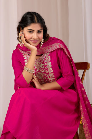 Rani Pink Embroidery Cotton A-Line Kurta Set for Women With Dupatta