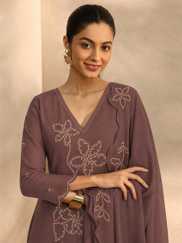 Women's V-Neck Embroidered Kurta with Pants & Dupatta