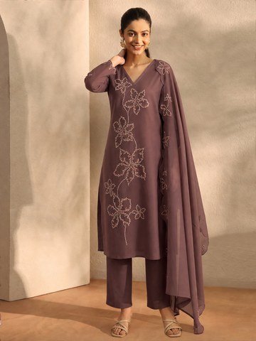 Women's V-Neck Embroidered Kurta with Pants & Dupatta