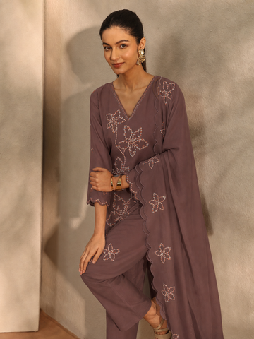 Women's V-Neck Embroidered Kurta with Pants & Dupatta