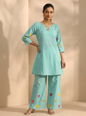 Women's Blue Embroidered Cotton Kurta with Palazzo Set