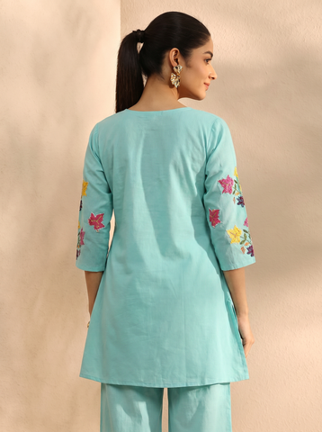 Women's Blue Embroidered Cotton Kurta with Palazzo Set