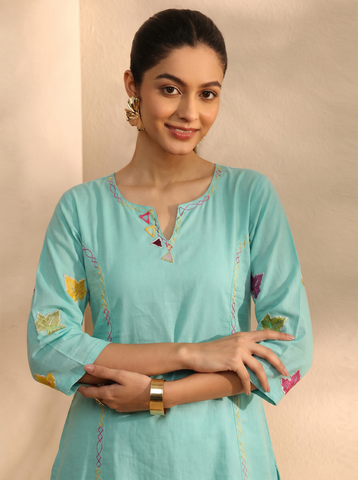 Women's Blue Embroidered Cotton Kurta with Palazzo Set