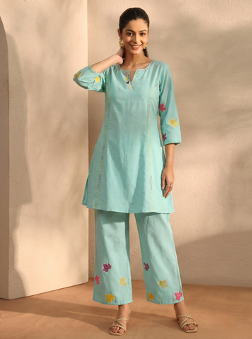 Women's Blue Embroidered Cotton Kurta with Palazzo Set