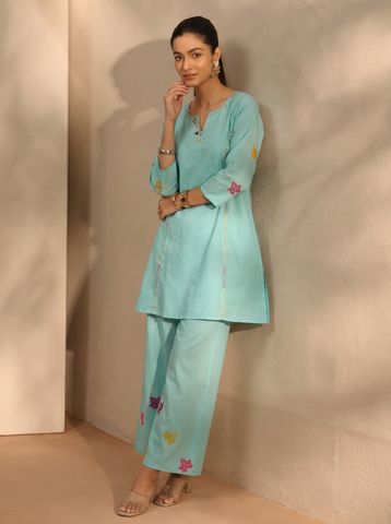 Women's Blue Embroidered Cotton Kurta with Palazzo Set