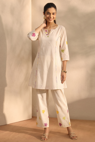 Women's Ivory Cotton Embroidered Kurta Pants Set