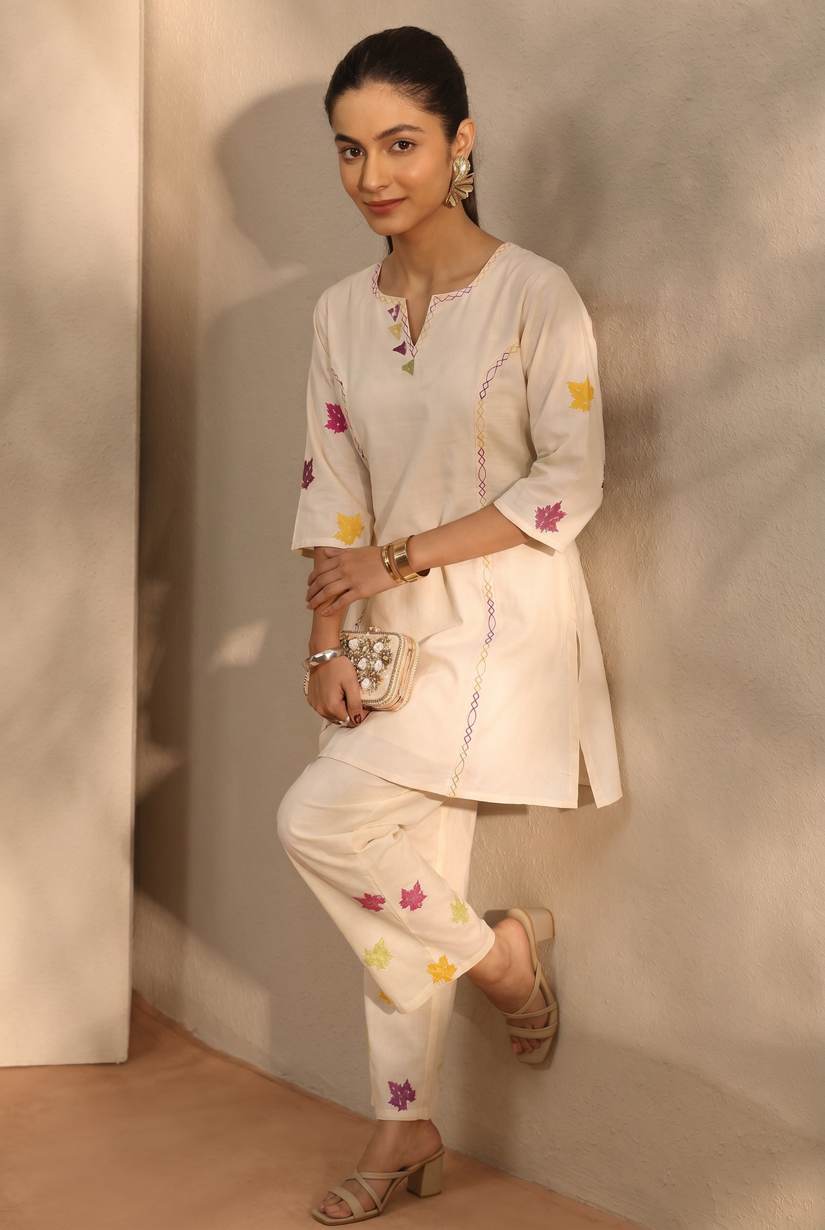 Women's Ivory Cotton Embroidered Kurta Pants Set