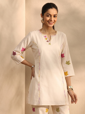 Women's Ivory Cotton Embroidered Kurta Pants Set