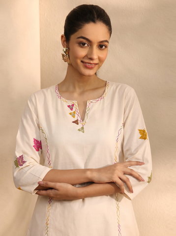 Women's Ivory Cotton Embroidered Kurta Pants Set