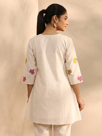 Women's Ivory Cotton Embroidered Kurta Pants Set