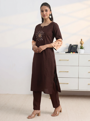Women's Coffee Brown Cotton Kurta Pant Set with Mirror Work