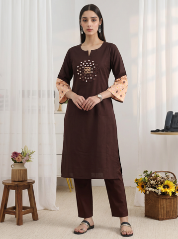 Women's Coffee Brown Cotton Kurta Pant Set with Mirror Work