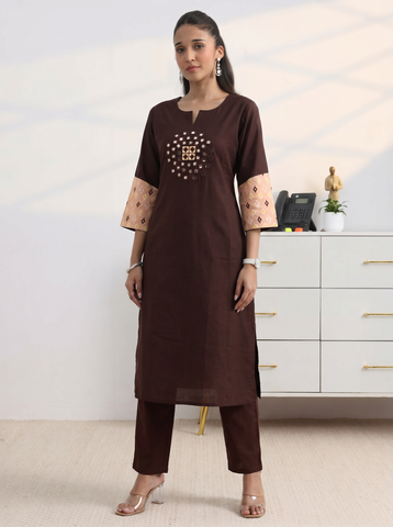 Women's Coffee Brown Cotton Kurta Pant Set with Mirror Work