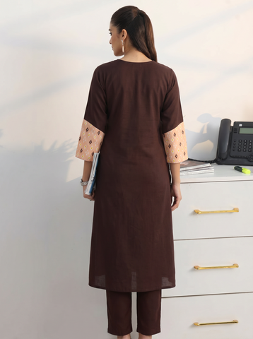 Women's Coffee Brown Cotton Kurta Pant Set with Mirror Work