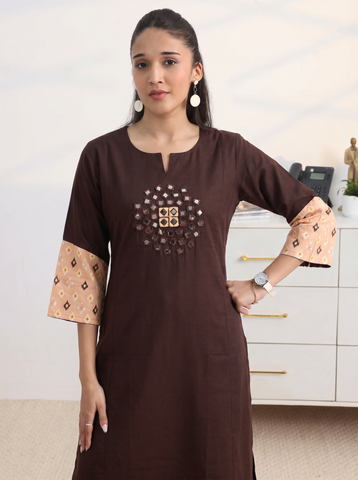 Women's Coffee Brown Cotton Kurta Pant Set with Mirror Work