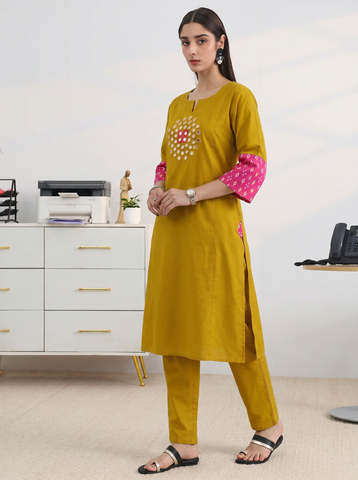 Women's Mustard Yellow Kurta Pant Set with Mirror Work