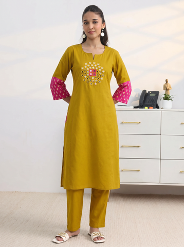 Women's Mustard Yellow Kurta Pant Set with Mirror Work