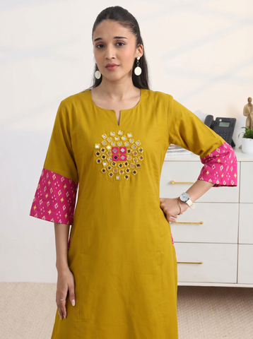 Women's Mustard Yellow Kurta Pant Set with Mirror Work