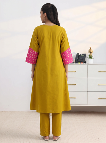 Women's Mustard Yellow Kurta Pant Set with Mirror Work