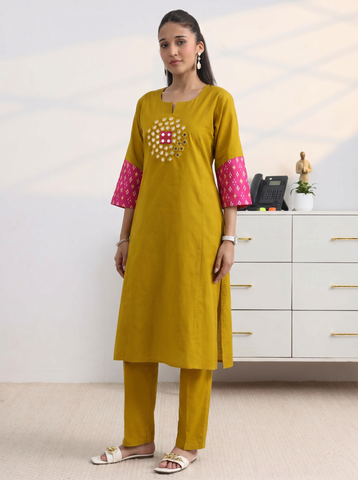 Women's Mustard Yellow Kurta Pant Set with Mirror Work