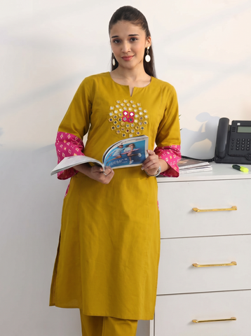 Women's Mustard Yellow Kurta Pant Set with Mirror Work