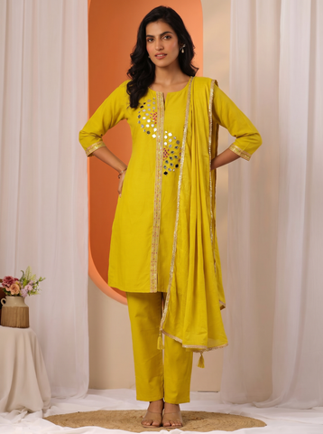 Women's Mustard Yellow Mirror Work Kurta Pant Set with Dupatta
