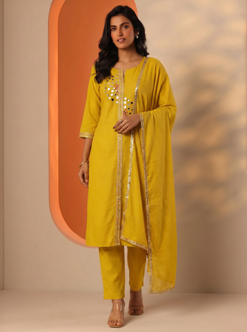 Women's Mustard Yellow Mirror Work Kurta Pant Set with Dupatta