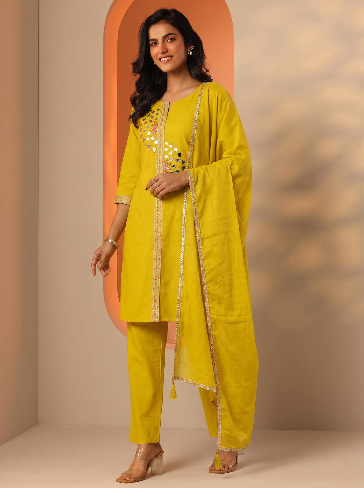 Women's Mustard Yellow Mirror Work Kurta Pant Set with Dupatta