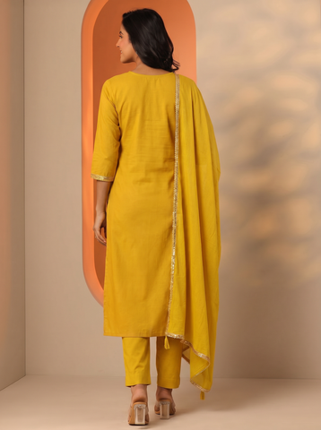 Women's Mustard Yellow Mirror Work Kurta Pant Set with Dupatta