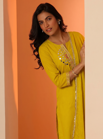 Women's Mustard Yellow Mirror Work Kurta Pant Set with Dupatta