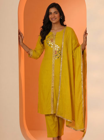 Women's Mustard Yellow Mirror Work Kurta Pant Set with Dupatta
