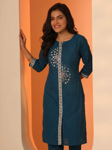 Women's Blue Embroidered Kurta Set with Mirror Work